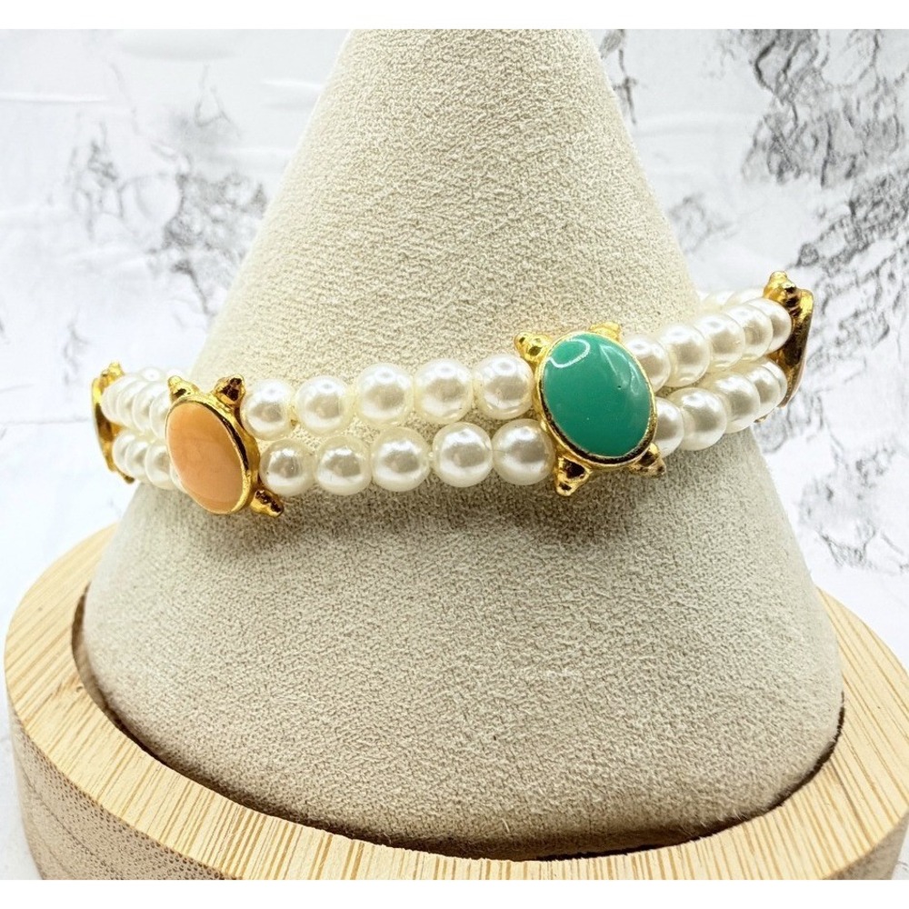 Vintage Faux Pearl Bracelet Peach Green Enamel Gold Tone Double Strand‎ 7.5"